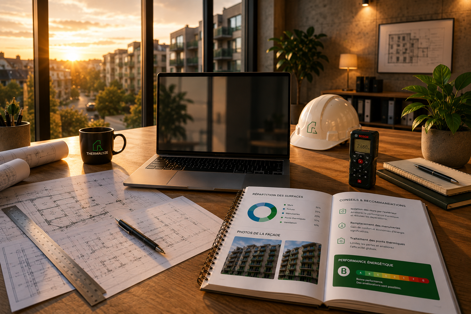 Interface ThermAlyze pour analyse de façade, calcul de surface et rapport PDF
